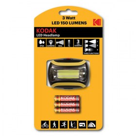  KODAK LED HEADLAMPS мощност 150 Lumens 3 WATT, водоустойчив IP44, 3 нива на светлината, CREE COB 3 WATT 150 LUMENS + 3 броя батерии ААА 1.5V
